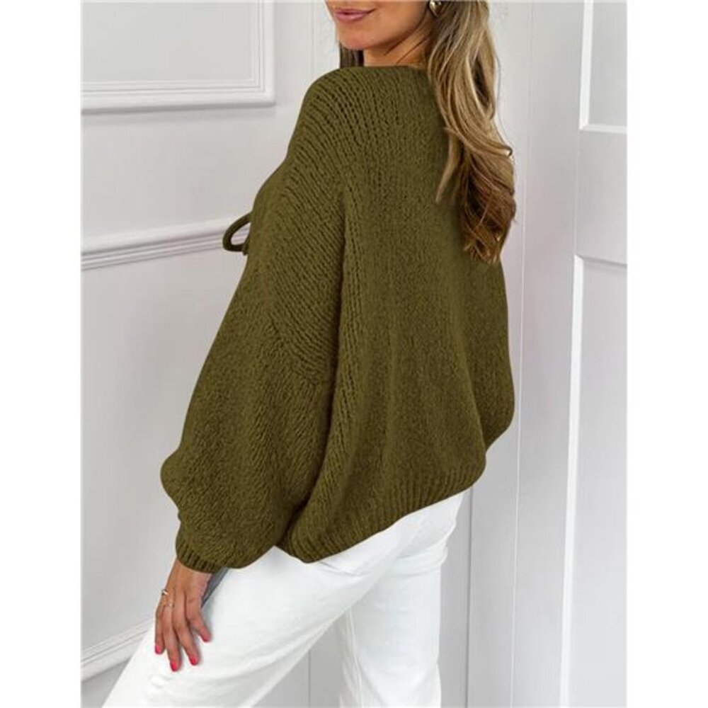NEW Women's Tie Front Bow Cardigan Sweaters Chunky Knit Long Puff Sleeve Trendy - Picture 2 of 6